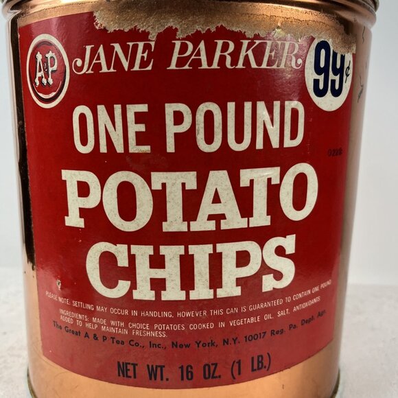 Vintage Jane Parker Potato Chips 1 LB A&P Paper Label Red Advertising Tin Can - Picture 2 of 5